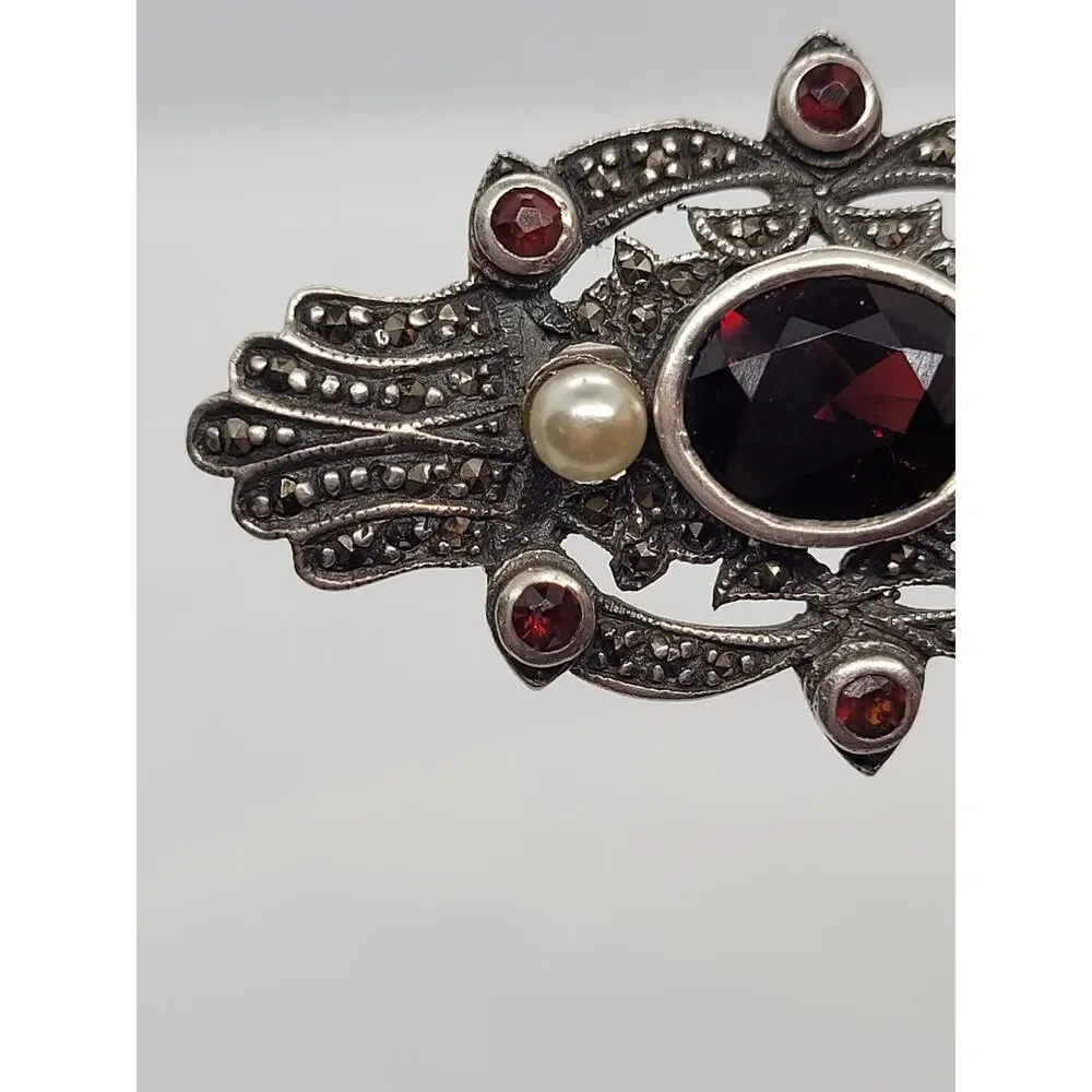 Vintage Sterling Silver Marcasite Pearl Brooch Coquette Art Deco Pin
